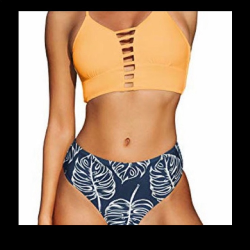 Woman’s orange and dark blue leaves print lace bikini set